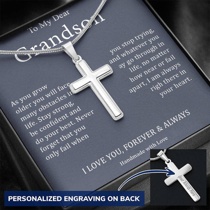 To My Dear Grandson - I Love You, Forever & Always - Engraved Stainless Steel Cross Necklace