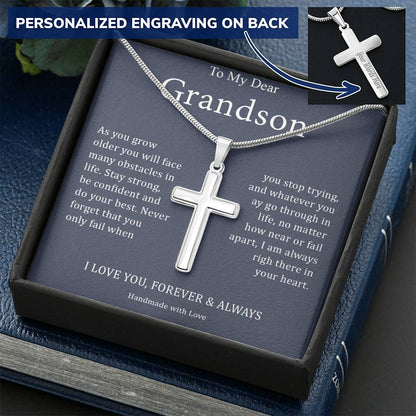 To My Dear Grandson - I Love You, Forever & Always - Engraved Stainless Steel Cross Necklace