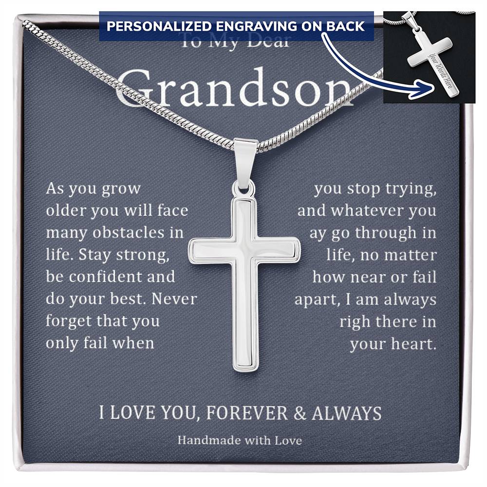 To My Dear Grandson - I Love You, Forever & Always - Engraved Stainless Steel Cross Necklace