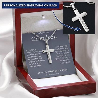 To My Dear Grandson - I Love You, Forever & Always - Engraved Stainless Steel Cross Necklace