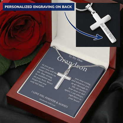 To My Dear Grandson - I Love You, Forever & Always - Engraved Stainless Steel Cross Necklace