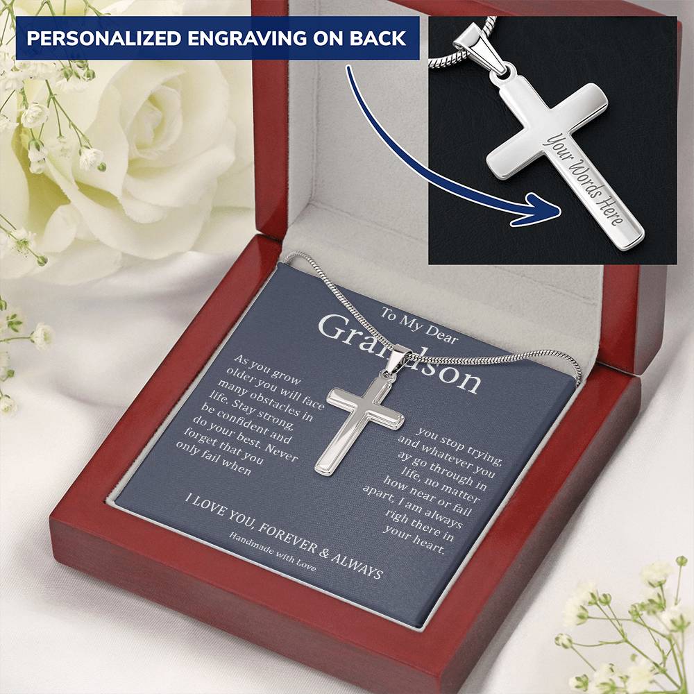 To My Dear Grandson - I Love You, Forever & Always - Engraved Stainless Steel Cross Necklace