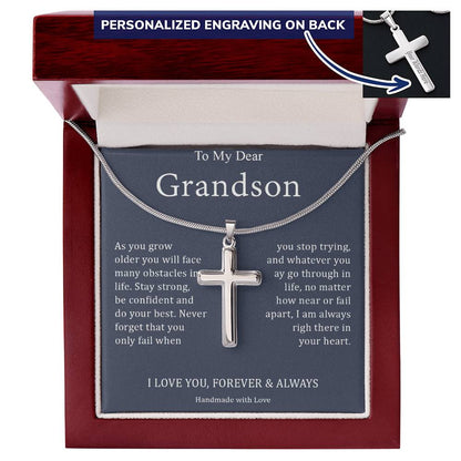 To My Dear Grandson - I Love You, Forever & Always - Engraved Stainless Steel Cross Necklace