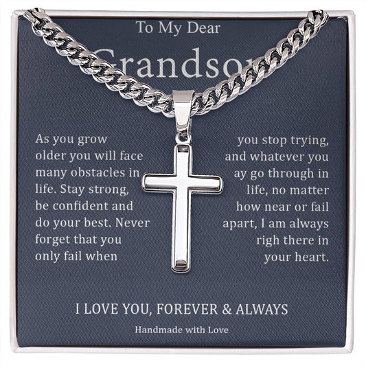 To My Dear Grandson - I Love You, Forever & Always - Stainless Cross Necklace