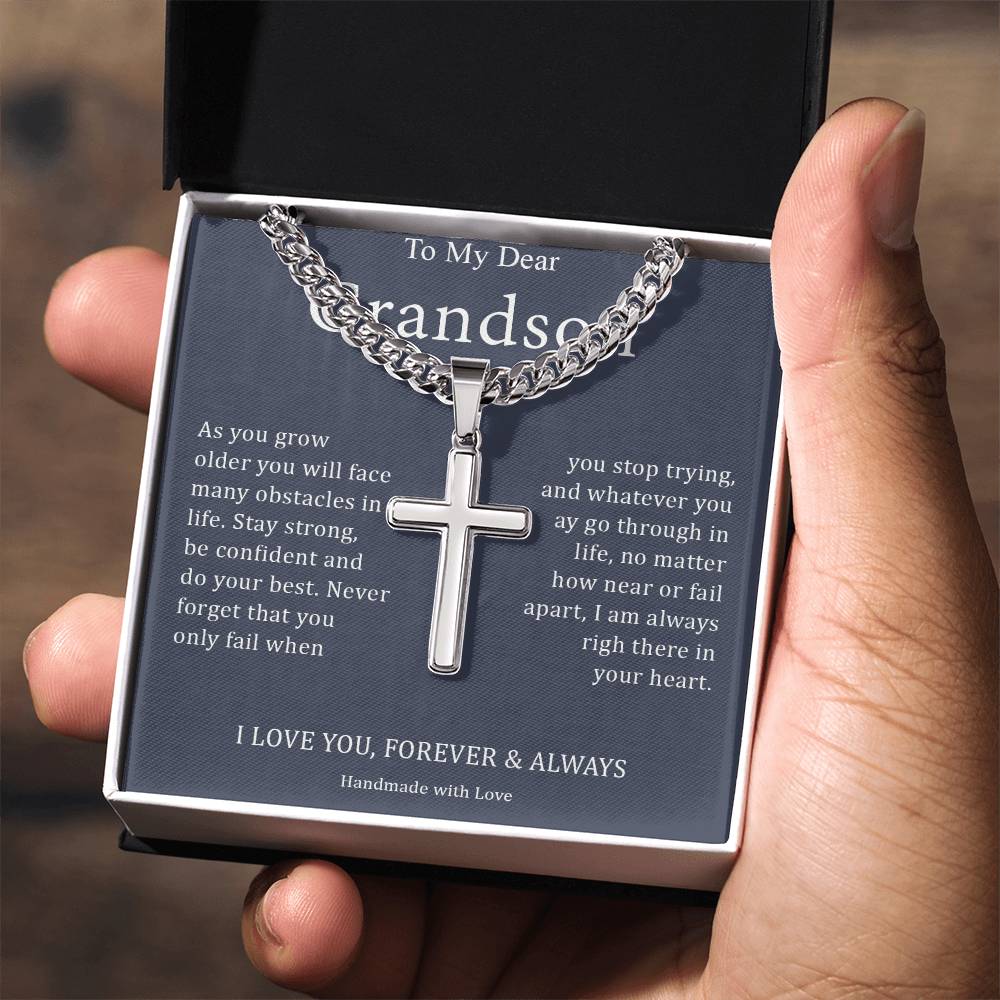 To My Dear Grandson - I Love You, Forever & Always - Stainless Cross Necklace