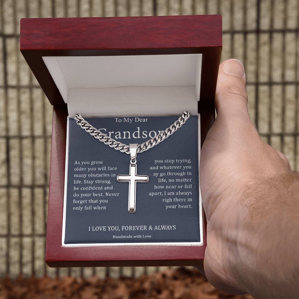 To My Dear Grandson - I Love You, Forever & Always - Stainless Cross Necklace