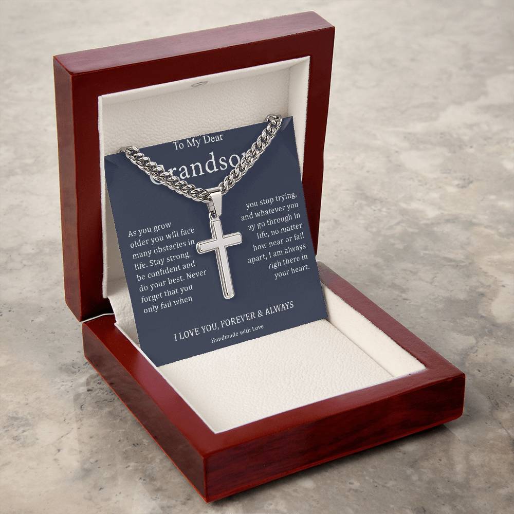 To My Dear Grandson - I Love You, Forever & Always - Stainless Cross Necklace