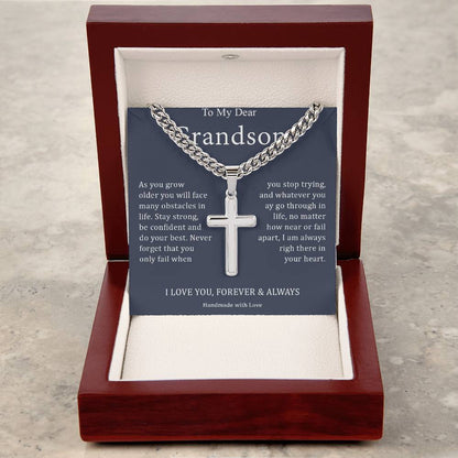 To My Dear Grandson - I Love You, Forever & Always - Stainless Cross Necklace